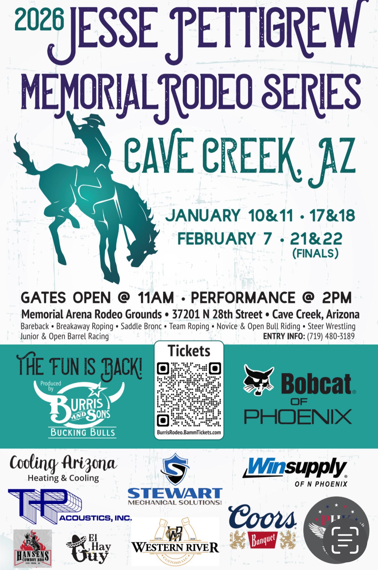 Promotional poster for the 2026 Jesse Pettigrew Memorial Rodeo Series in Cave Creek, AZ.