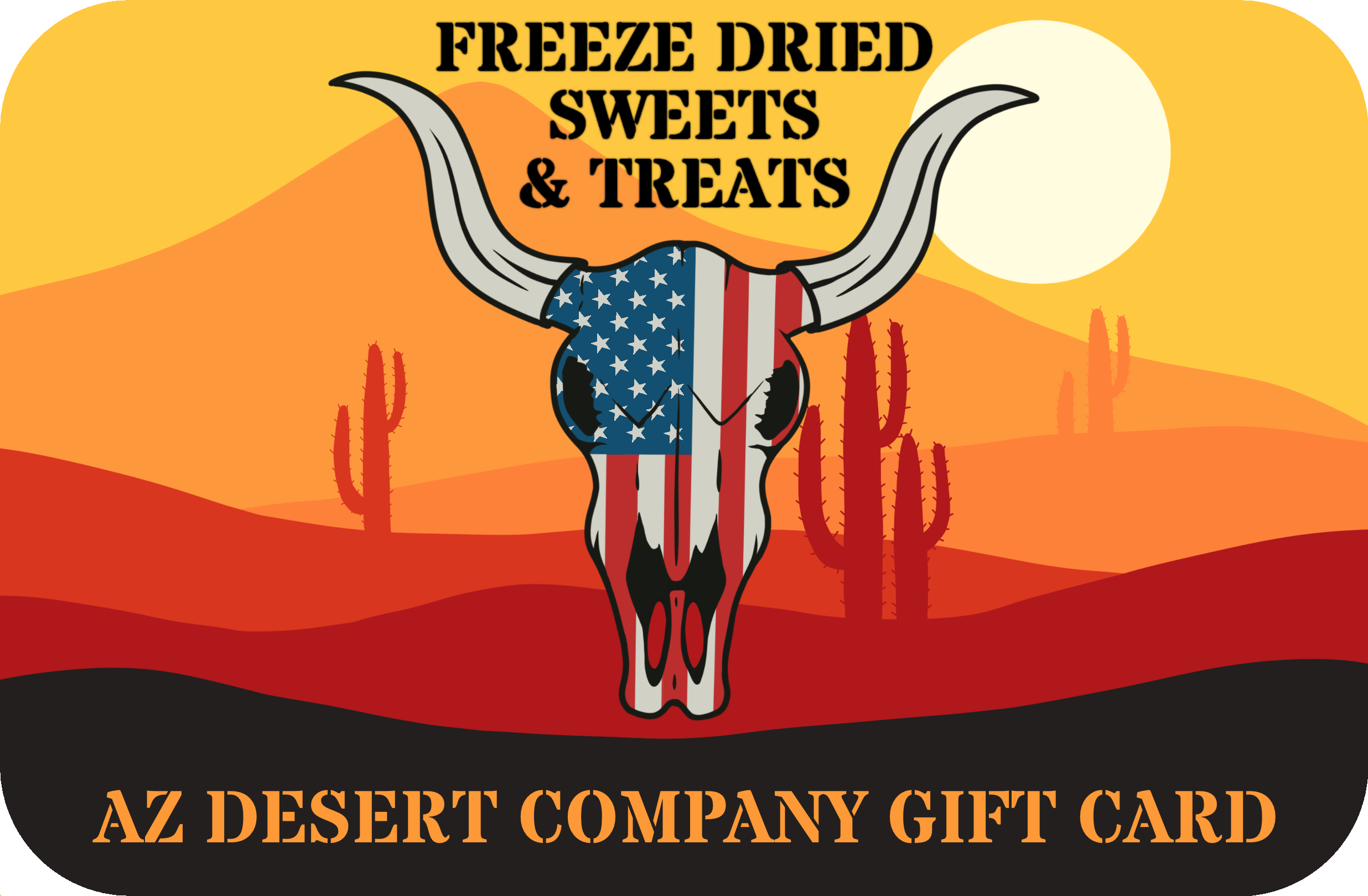 Gift card with a bull skull design featuring the American flag, set against a desert landscape.