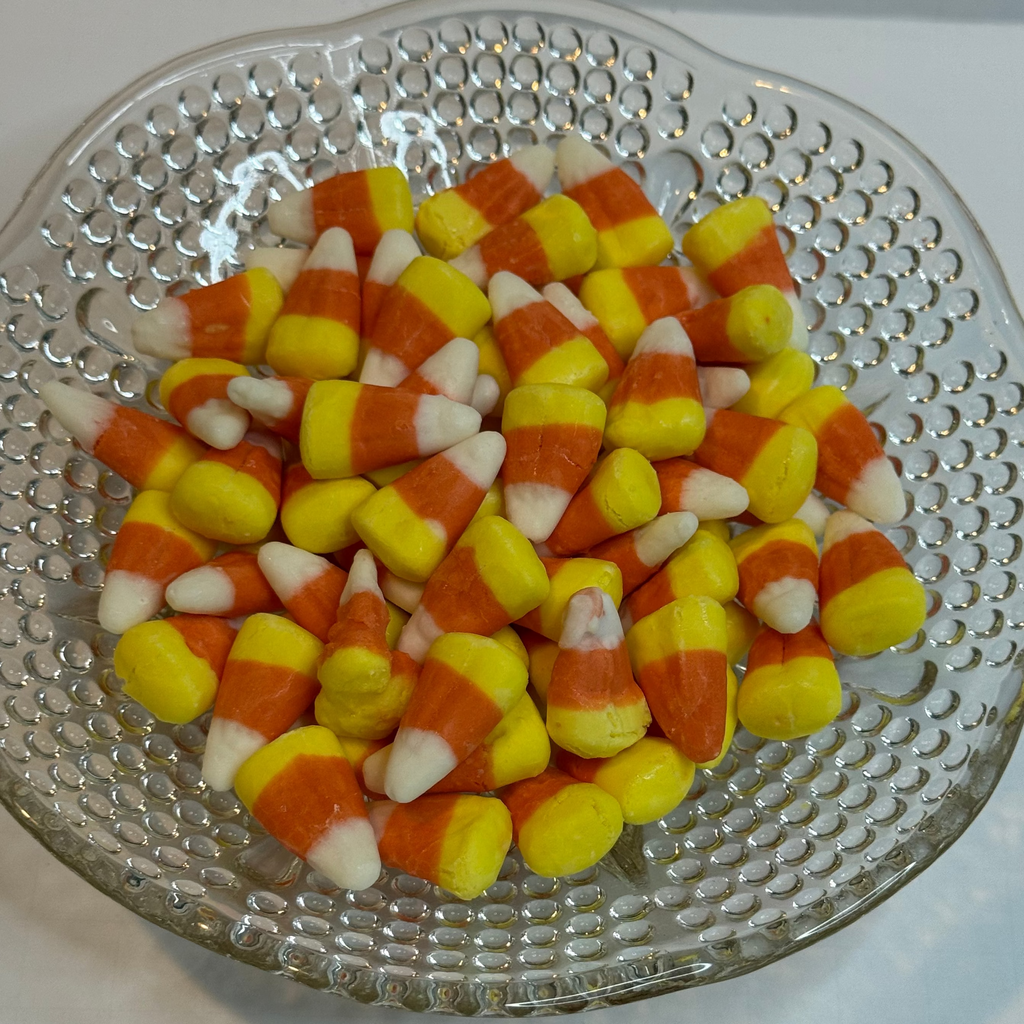 Freeze Dried candy corn on a decorative glass plate with a plain background