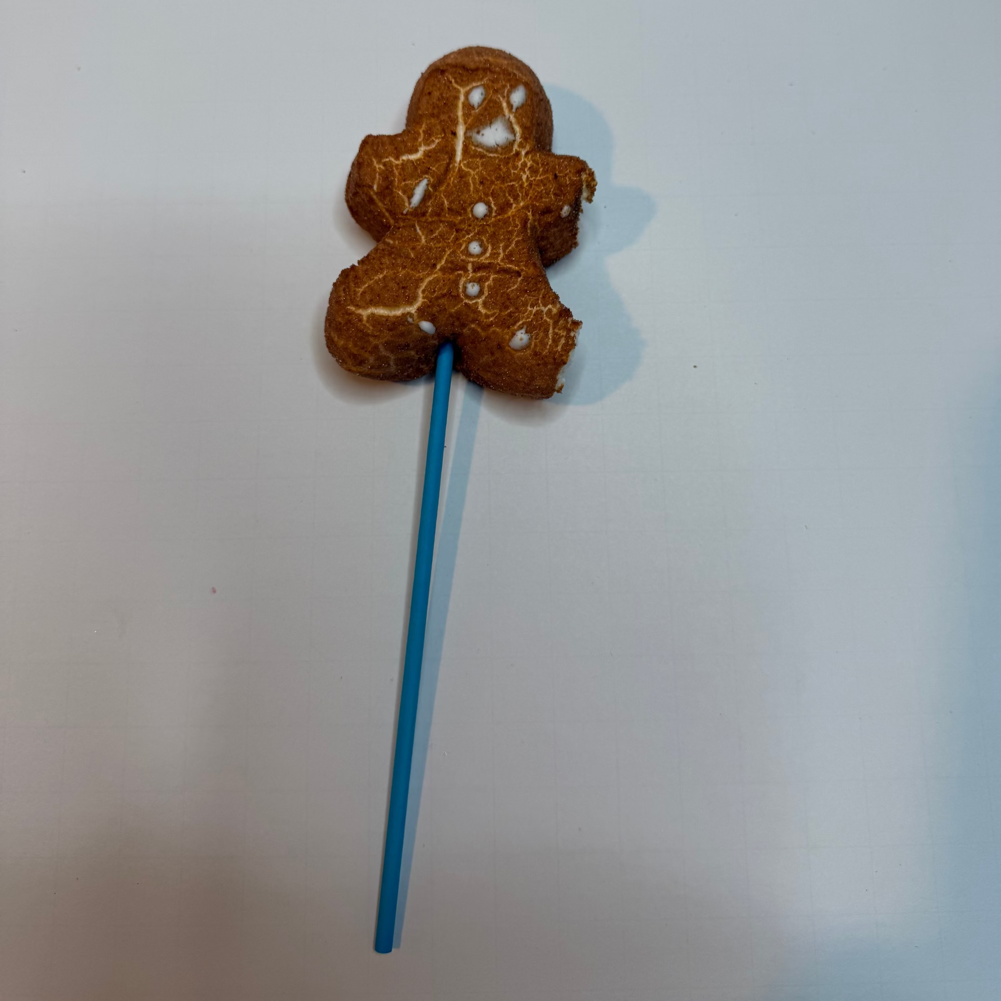 Freeze dried gingerbread man peep on a stick against a white background