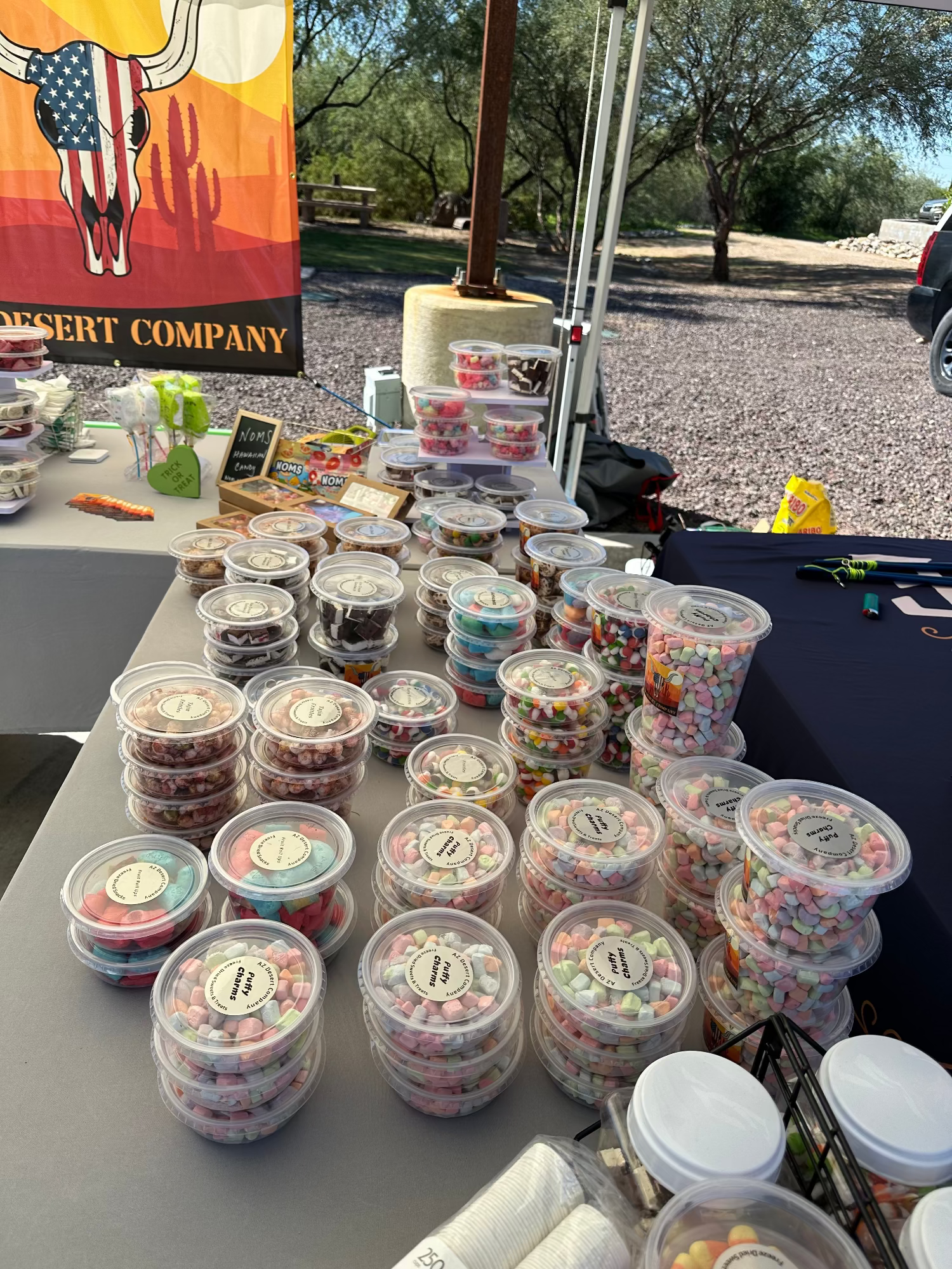 Table with containers of freeze dried candy at an outdoor event, featuring a 'Desert Company' banner in the background.
