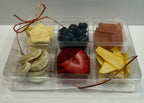 Clear plastic container with compartments filled with various freeze dried fruits on a white background