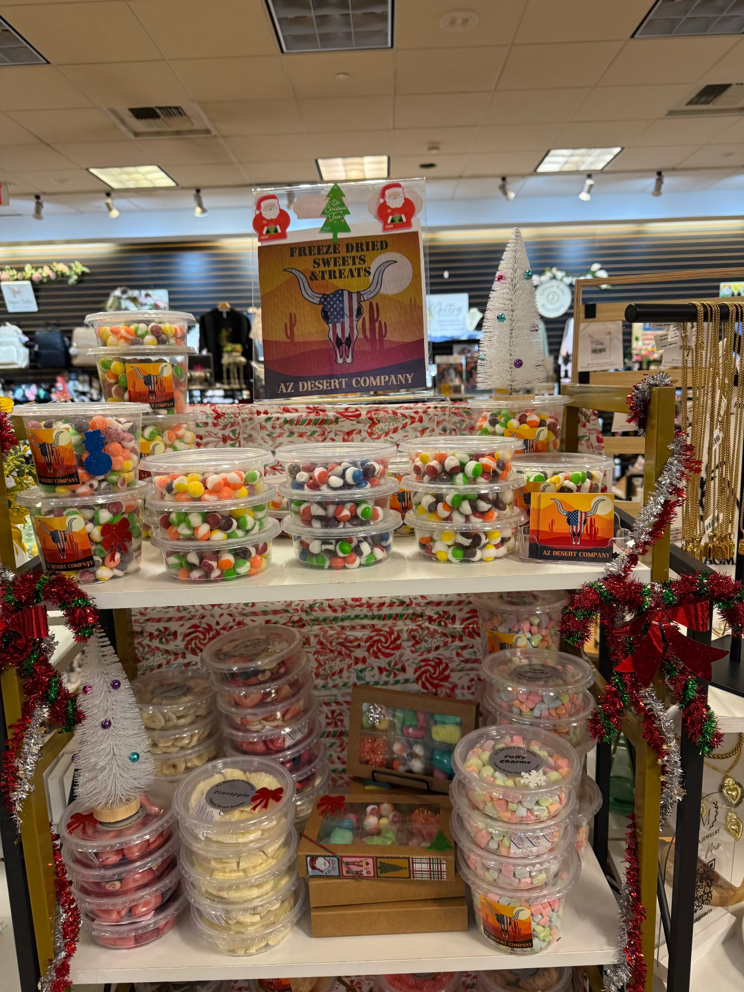 Display of freeze dried candy and gift boxes in a store setting with festive decorations.
